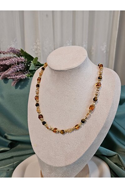 İNCİORA JEWELRY Sitrin, Kehribar ve Kaplan Gözü Doğal Taş Kolye – Hematit Det...