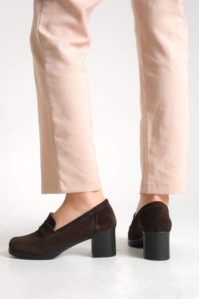 GNS Shoes Elegant Genuine Leather Brown Suede Thick Heeled Loafer Shoes