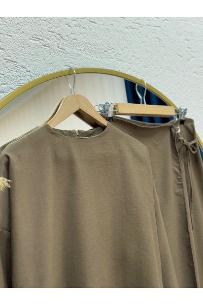 MİHRA STORE Sultan Kolları Drawstring Single Sleeve Label Accessory Skirted Suit-Ek-H-110-2 Khaki