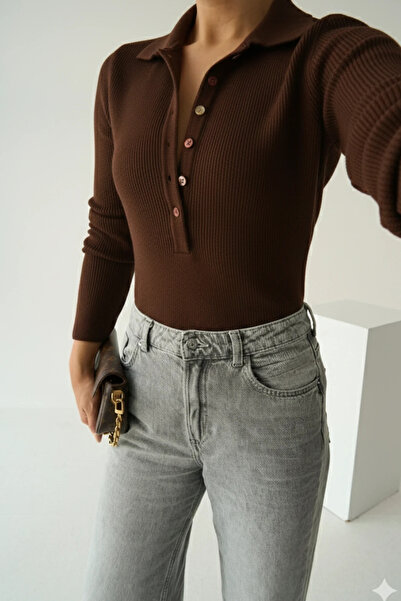 cemo Polo Yaka Düğmeli Ribana Triko Kazak