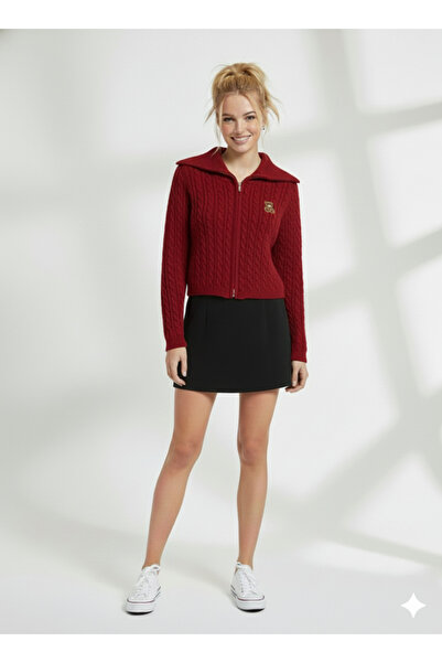 ribana Women's Turn-Down Collar Zippered Teddy Bear Printed Knitted Crop Card...