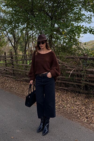 Laluvia Brown Boat Neck Sweater - 4338