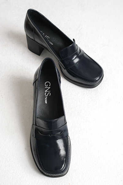 GNS Shoes ELEGANT Γνήσιο δέρμα Παπούτσια με χοντρό τακούνι από λουστρίνι σε μπλε ναυτικό χρώμα