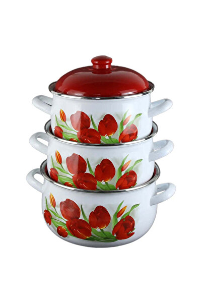 dealshopromania Set de 3 oale emailate cu capace 3,8L, 4,8L, 6,2L model lalele