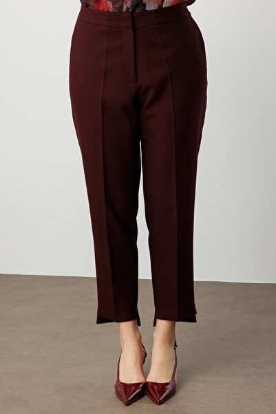 Ekol Elastic Waist Skinny Leg Fabric Trousers Burgundy