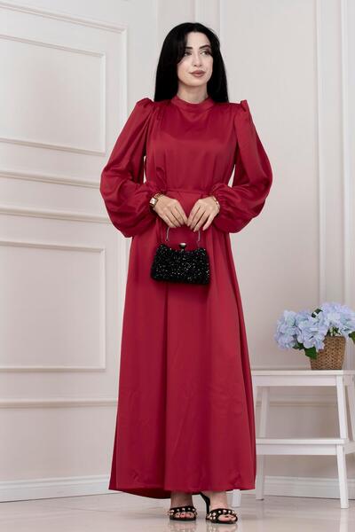 Sevitli Βραδινό φόρεμα με κορδόνι στη μέση και μανίκια μπαλόνι-ΚΟΚΚΙΝΟ