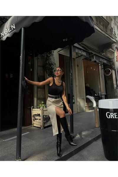 Leina Suede Look Slit Midi Skirt