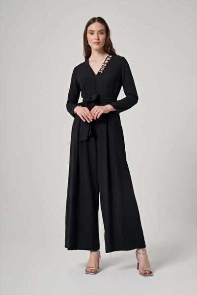 Mimya Siyah İşleme Detaylı Krep Tulum 5716