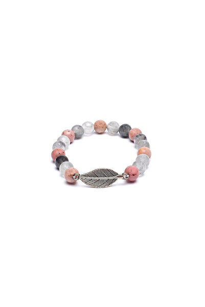 Bracelet Mala / brățară rodonit / cuarț gri + pană - 0.8 cm