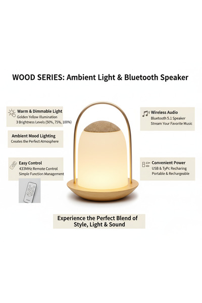 Generic Wood LED Lamp Bluetooth Speaker Dimmable Night Light Remote Control USB Rechargeable Bedside