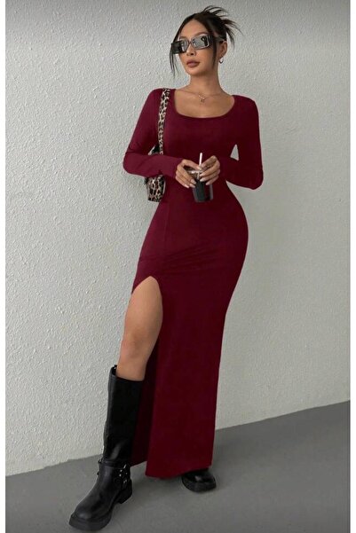 MEGOMEL Siyah Kare Yaka Yırtmaçlı Uzun Kollu Likralı Uzun Elbise