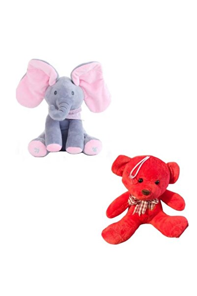 OEM Set: Elefantul Cucu-Bau Gri/Roz 30Cm + Ursulet de Plus 18 Cm, Rosu