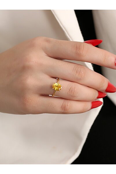 LİNOVE JEWELLERY 925 Ayar Gümüş Sitrin Tektaş Yüzük, Gümüş Oval Tektaş Yüzük,...