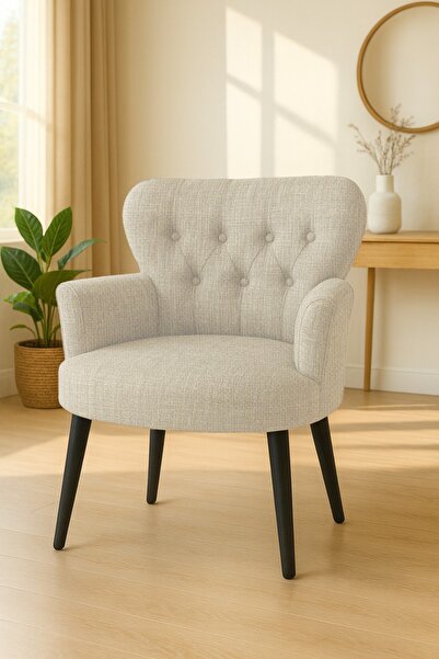 WATERYBROOK Modern Keten Kumaş Berjer – Ahşap Siyah Demonte Ayaklı Tekli Koltuk - Beyaz