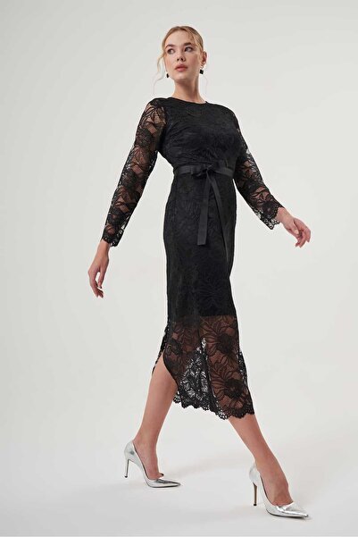 Mimya Kuşak Detaylı Dantel Elbise 2939