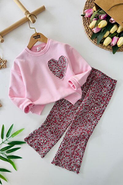 Minigimin Cicileri My Little Girl's Cicileri Heart Detail Floral Patterned Girl's 2-Piece Set - Pink