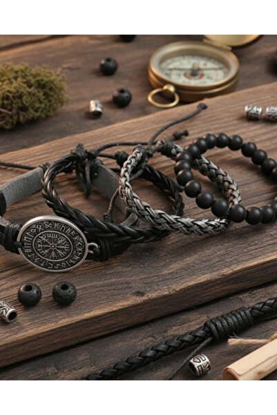 BSN Store Vegvisir Symbol 4-Piece Genuine Leather Bracelet Men's Bracelet Real Leather Bracelet