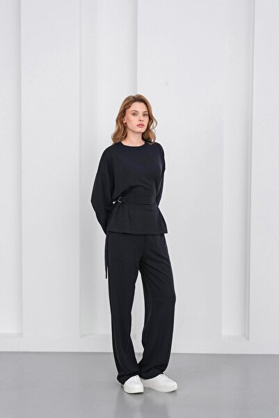 Basicpark Dark Navy Blue Women's Premium Modal D Buckle Ornament Belted Top and Bottom Set