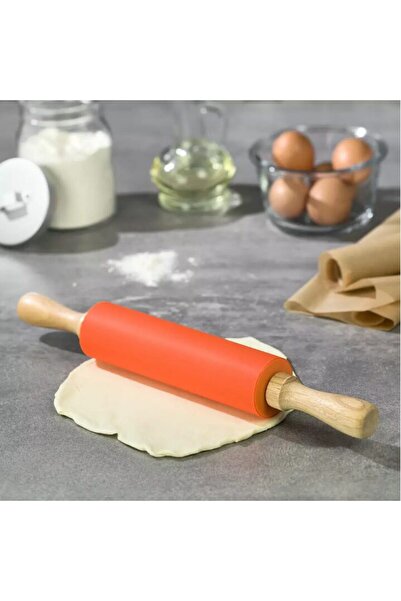 Kinghoff Silicone rolling pin with rotating shaft and wooden handles, 39.5 x 5.3 cm,