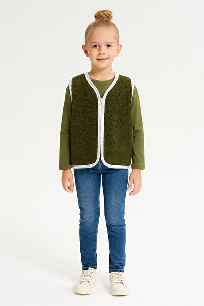 Markasız ucuz Khaki Children's Vest with Zippered Edges and Contrast Trim - Unisex