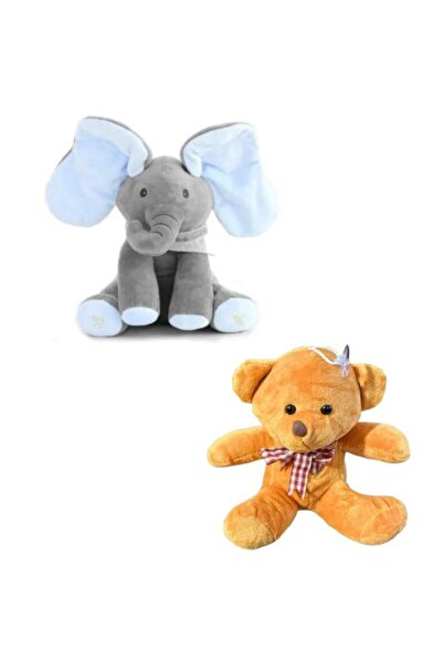 OEM Set: Elefantul Cucu-Bau Gri/Albastru 30Cm + Ursulet de Plus 18 Cm, Maro