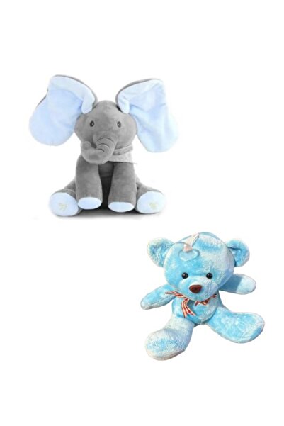 OEM Set: Elefantul Cucu-Bau Gri/Albastru 30Cm + Ursulet de Plus 18 Cm, Bleu