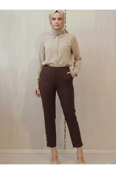 Famelin Women's Elastic Waist Pencil Cut Trousers with Leg Detail