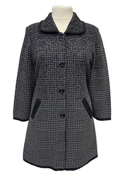 Giyinen Mağazaları Selcan Turn-Down Collar Houndstooth Pattern Buttoned Double Pocket Winter Cardigan