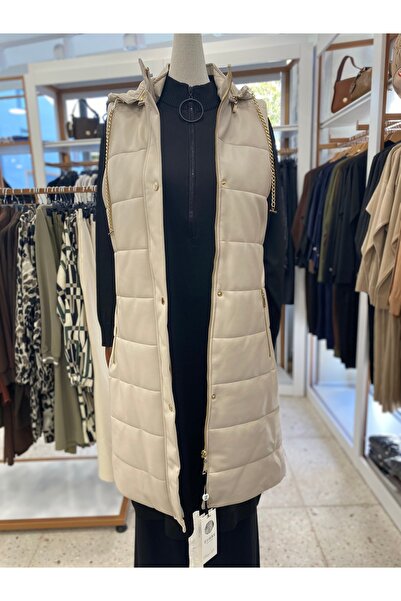 Zühre Almei̇da K Hooded Leather Inflatable Vest Stone Y-0063