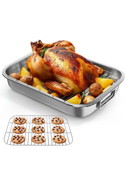 LENND Stainless Steel Roasting Pan with Baking Rack, 39 x 28 x 6 cm