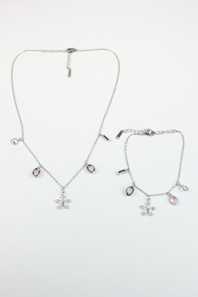 Liveyn Design Zircon Stone Detailed Flower Charm Necklace & Bracelet Set