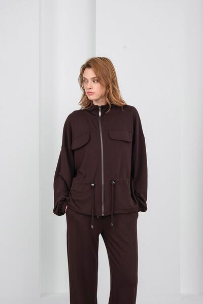 Basicpark Brown Women's Full-Length Zippered Mock Neck Piece Premium Modal Top and Bottom Set