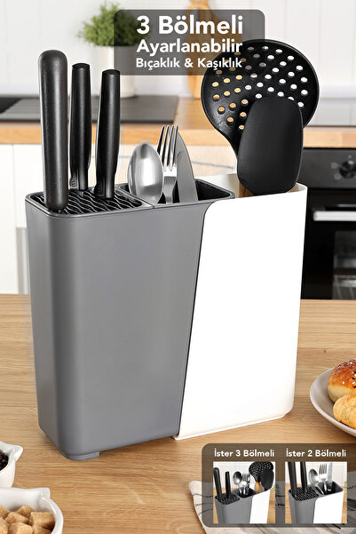 Meleni Home Adjustable Spoon Knife Stand - Extendable Organizer Knife Holder Countertop Cutlery Rack Anthracite