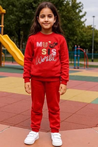 nazarbebe Girl's 4–12 Years Old Fleece-Lined Music World Embroidered Tracksuit Set – Red