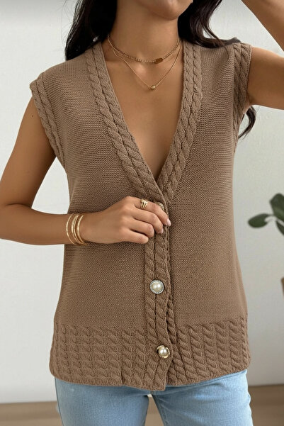 NEWCO Knitted Detail Comfortable Fit Pearl Button Detail Vest Cardigan