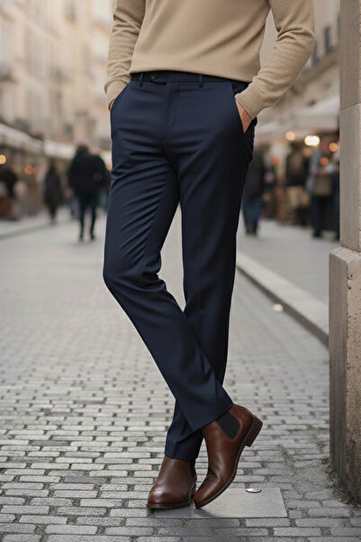 NAZEF Slim Fit Side Pocket 80% Wool Navy Blue Classic Winter Fabric Trousers