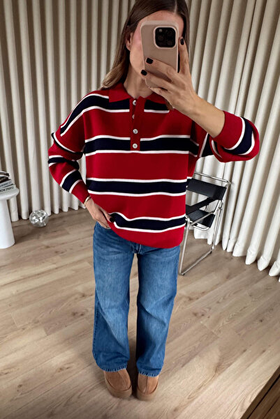 Sue Store Red Polo Neck Navy Blue Striped Oversized Sweater