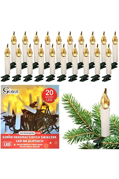 Goliat SZNUR DEKORACYJNYCH ŚWIECZEK NA KLIPSACH LAMPKI PRL 20 LED CIEPŁY BIAŁY