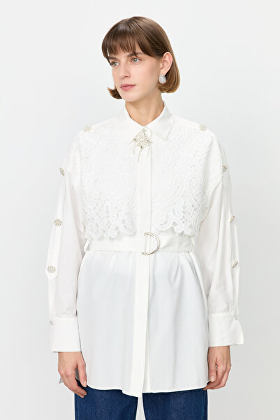 Nihan Dantelli İncili Pamuk Tunik Ekru