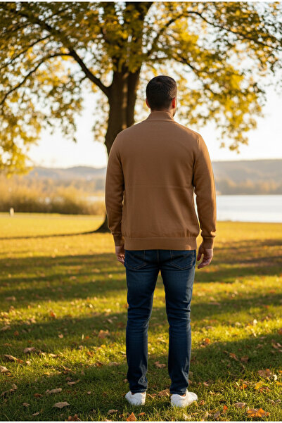 YusGos Men's Half Turtleneck Zippered Stripe Detailed Transitional High Quality Cardigan