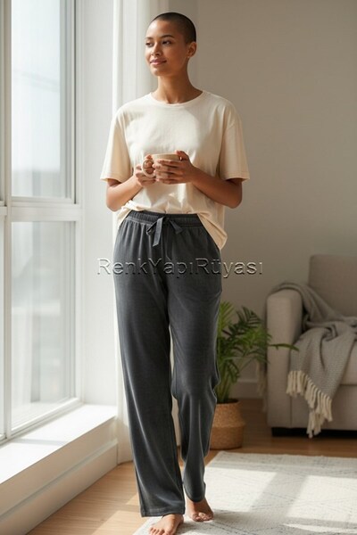 RENK YAPI RÜYASI Γυναικείο βελούδινο παντελόνι με φαρδύ πόδι με ελαστική μέση...