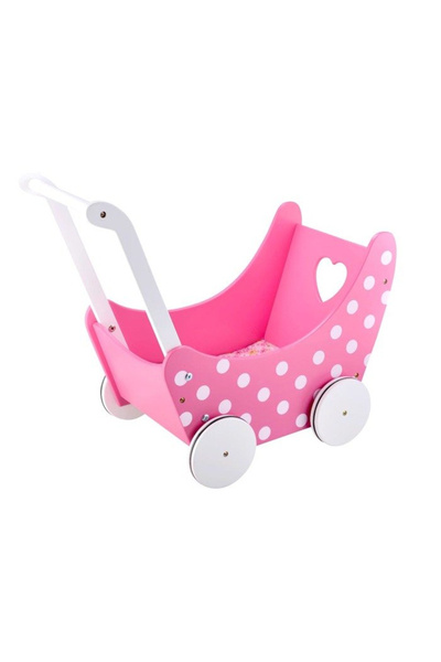 Jokomisiada Carucior de papusi pentru copii din lemn, retro pink, cu roti ant...