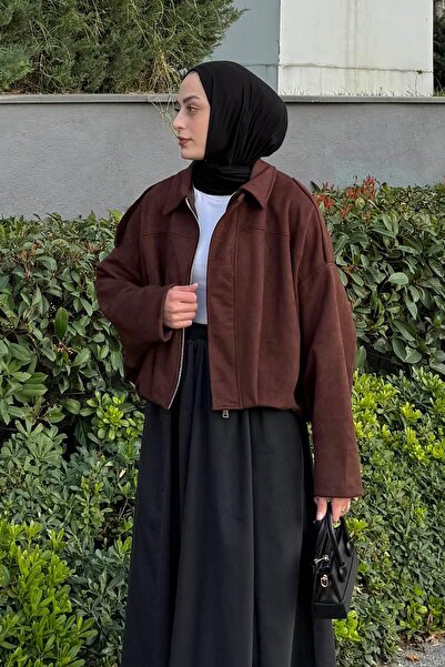 lamelif Μπουφάν από καστόρι με επένδυση ώμου, καφέ πικρό