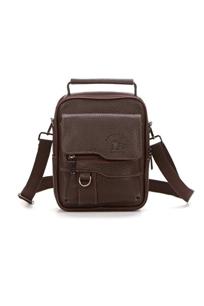 Newish Ανδρική τσάντα χιαστί και ώμου από συνθετικό δέρμα σε καφέ χρώμα με θήκη τηλεφώνου