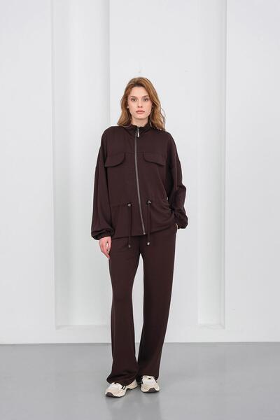 Basicpark Brown Women's Full-Length Zippered Mock Neck Piece Premium Modal Top and Bottom Set