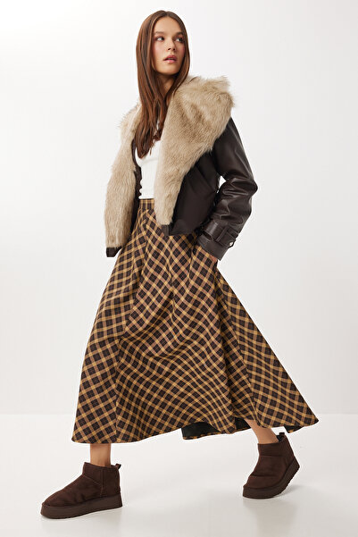 Lovelyİstanbul Καρό Φούστα Midi LNS0092 ΚΑΦΕ ΜΠΙΣΚΟΤΟ