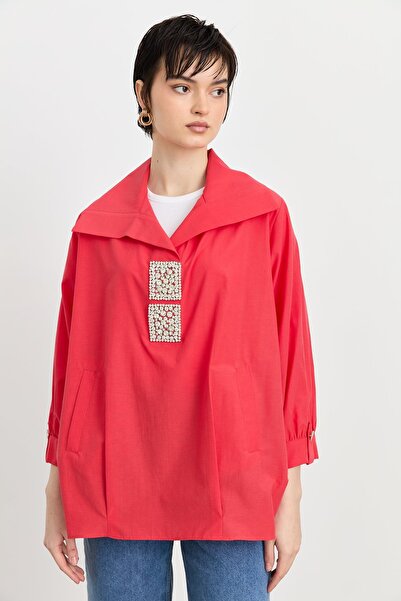 Nihan Kare Taşlı Gömlek Pamuk Tunik Mercan