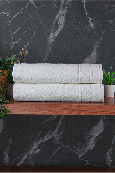 ihvan online Footprint Patterned 2-Piece Foot Towel - 50X70 cm - Water Absorbent Bath Mat Set - White