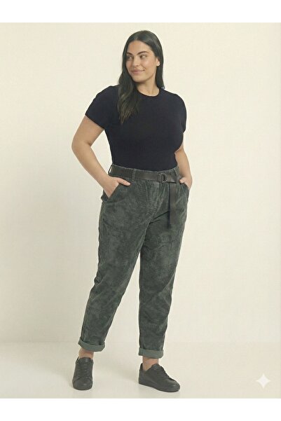 della moor Women's Khaki Italian Wide Fit Belted L Stretch Fabric Velvet Trousers 42 - 50 Size Range