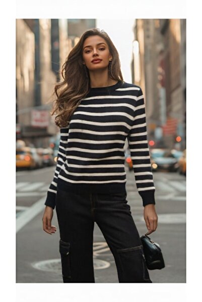 OEM Women's Sweater - Black with White Stripes, Soft Knit, Crew Neck, One Size